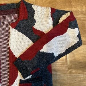 Duster Cardigan - Knee Length - size S, size M - cranberry, charcoal, and white